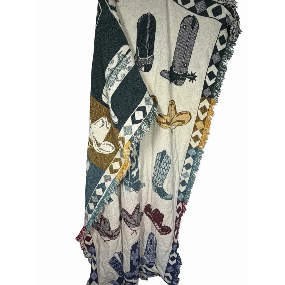 Vintage Western Cowboy Boots Tapestry Afghan Fringe Throw Cowgirl Ranch Decor